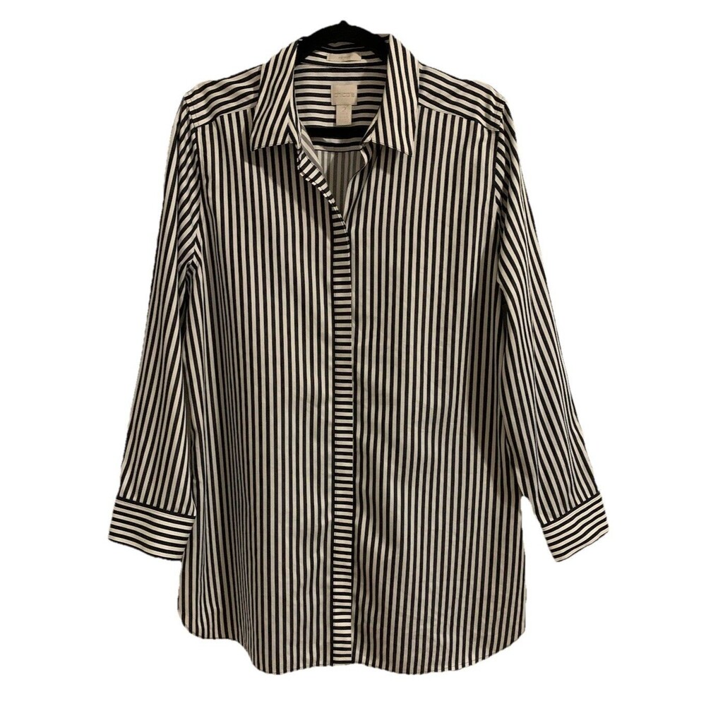 Chicos Size 2 Womens Large Top No Iron Black White Striped Hidden Button